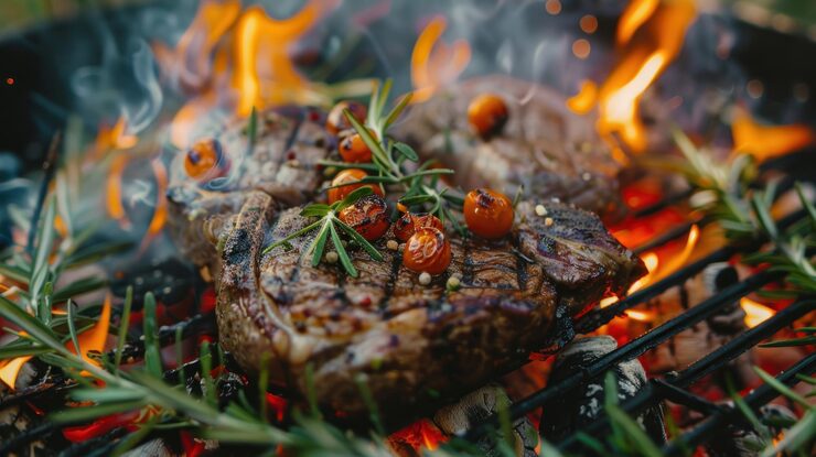 closeup-grilled-steak-with-rosemary-tomatoes